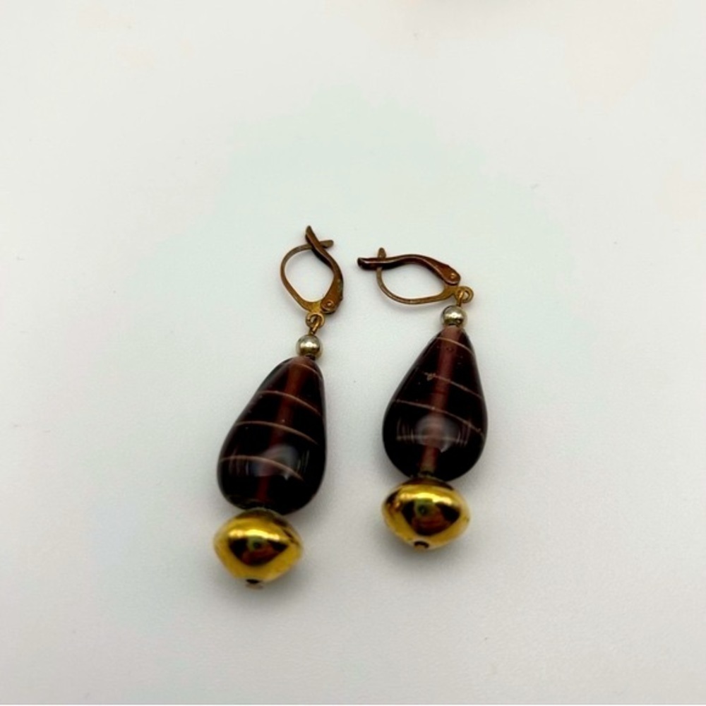 Vintage Purple Glass Swirl Teardrop Leverback Earrings Gold Tone